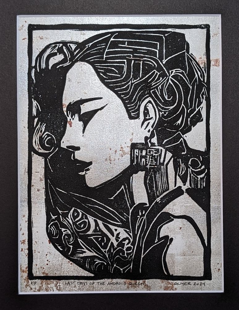 Last Days of the Android Queen, linocut on monoprint